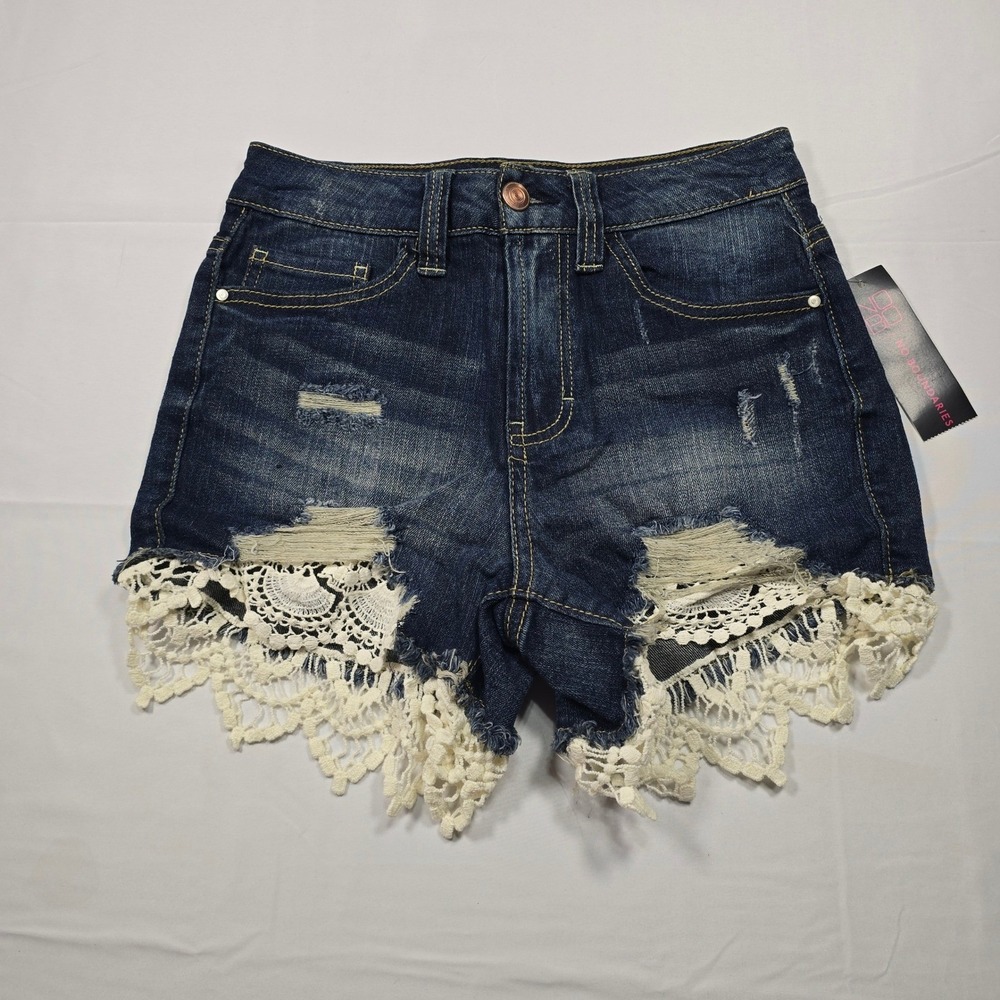 No Boundaries Crochet Lace Trim Distressed Denim Shorts Dark‎ Wash Size 3 Womens